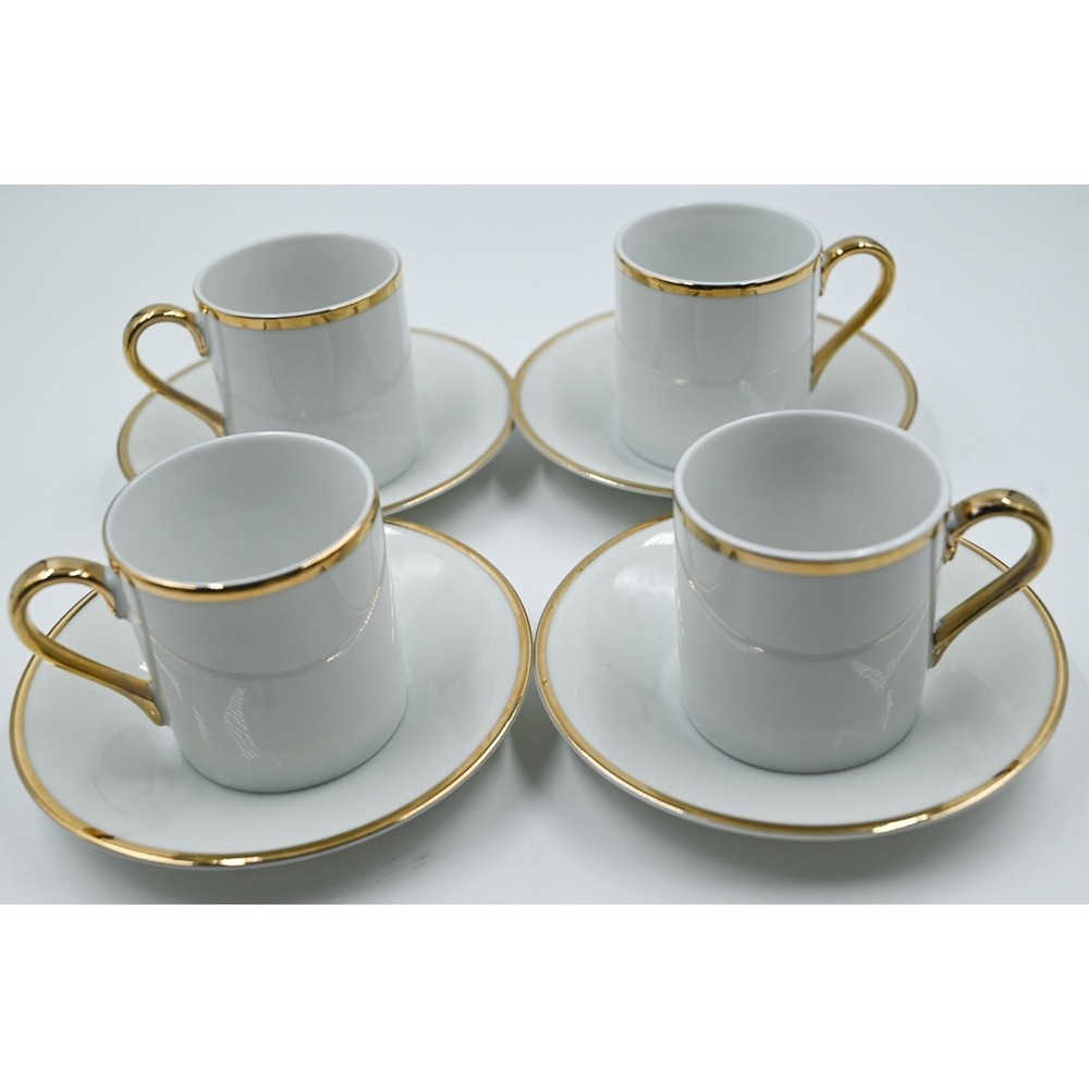 VTG RH Macy & Co Japan White Gold Trim Espresso Cup Saucer Set of 4 Porcelain